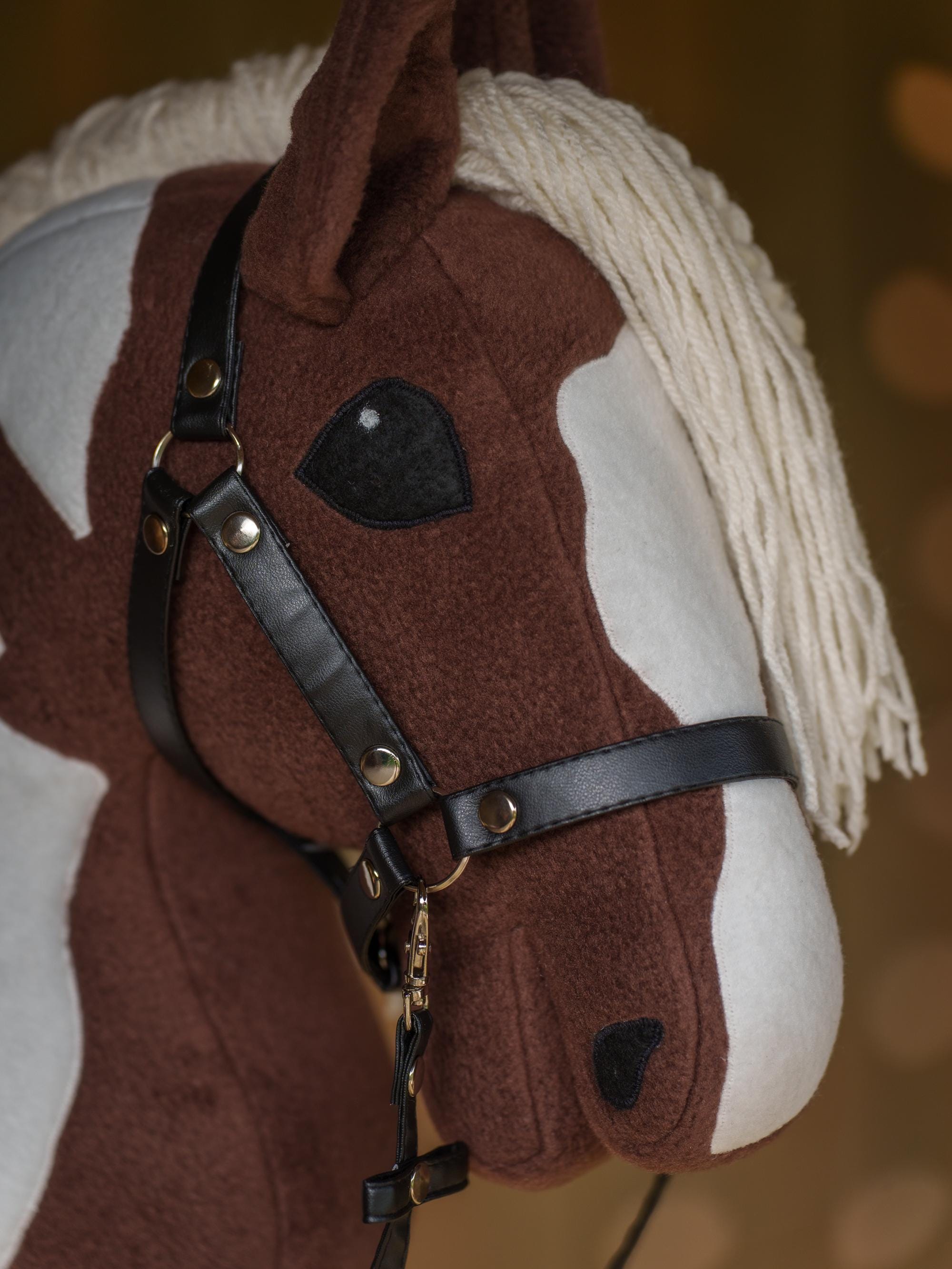 Brown Pinto Hobby Horse – Paint Hobbyhorse with Faux Leather Halter – Handmade A3 Size Stick Horse