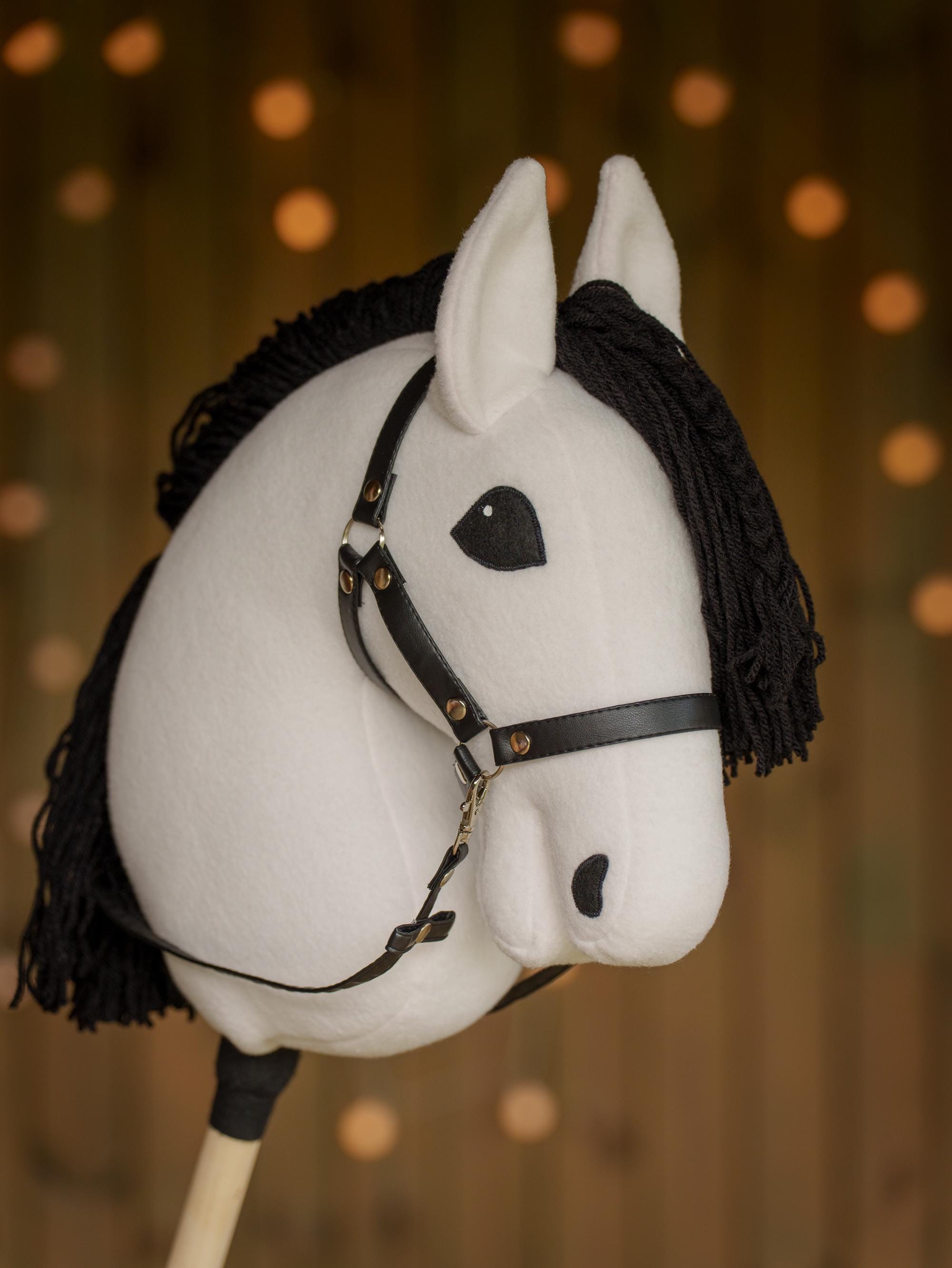 White Hobby Horse with Black Mane – Handmade A3 Stick Horse for Kids – Includes Faux Leather Halter
