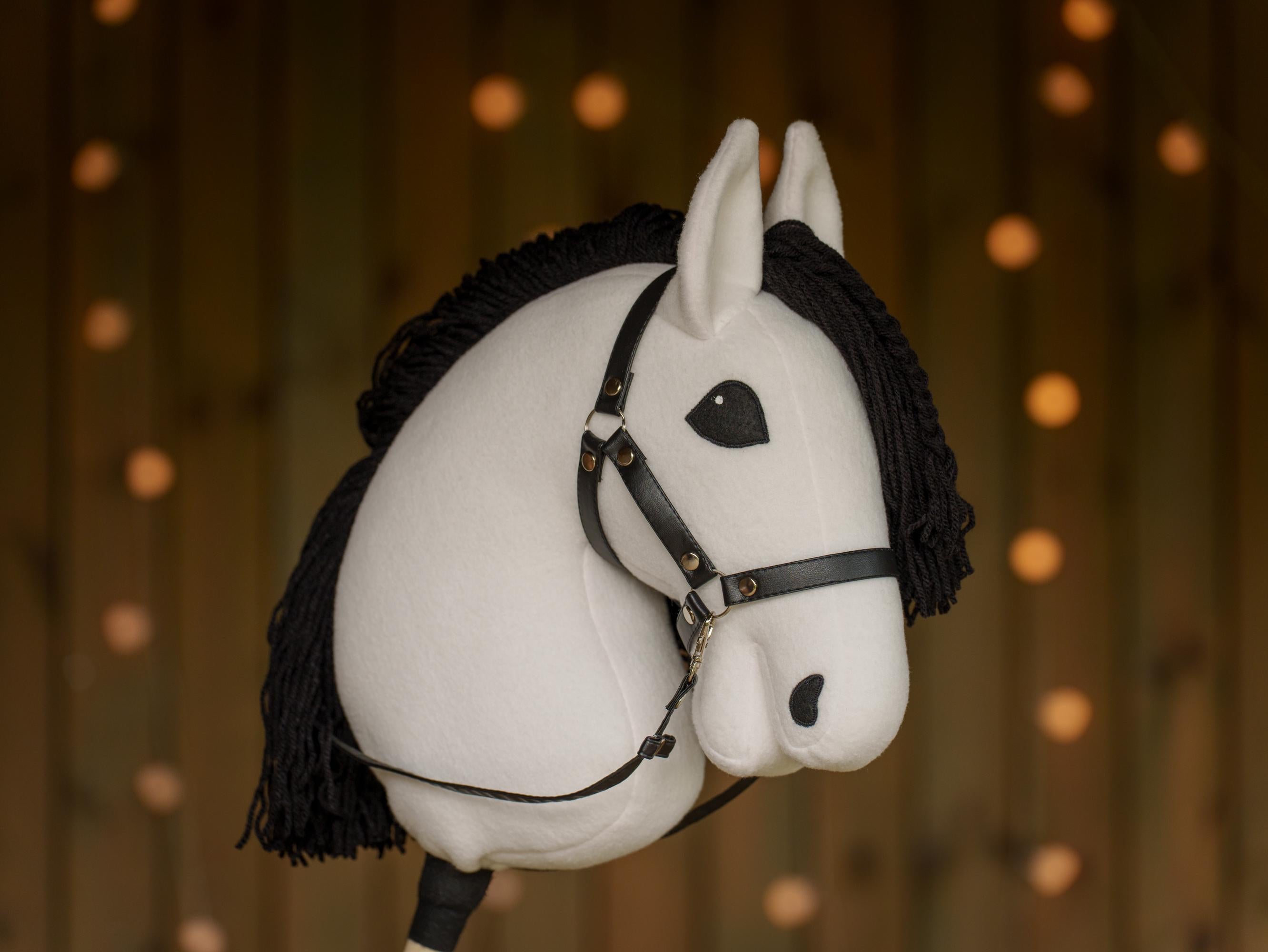 White Hobby Horse with Black Mane – Handmade A3 Stick Horse for Kids – Includes Faux Leather Halter