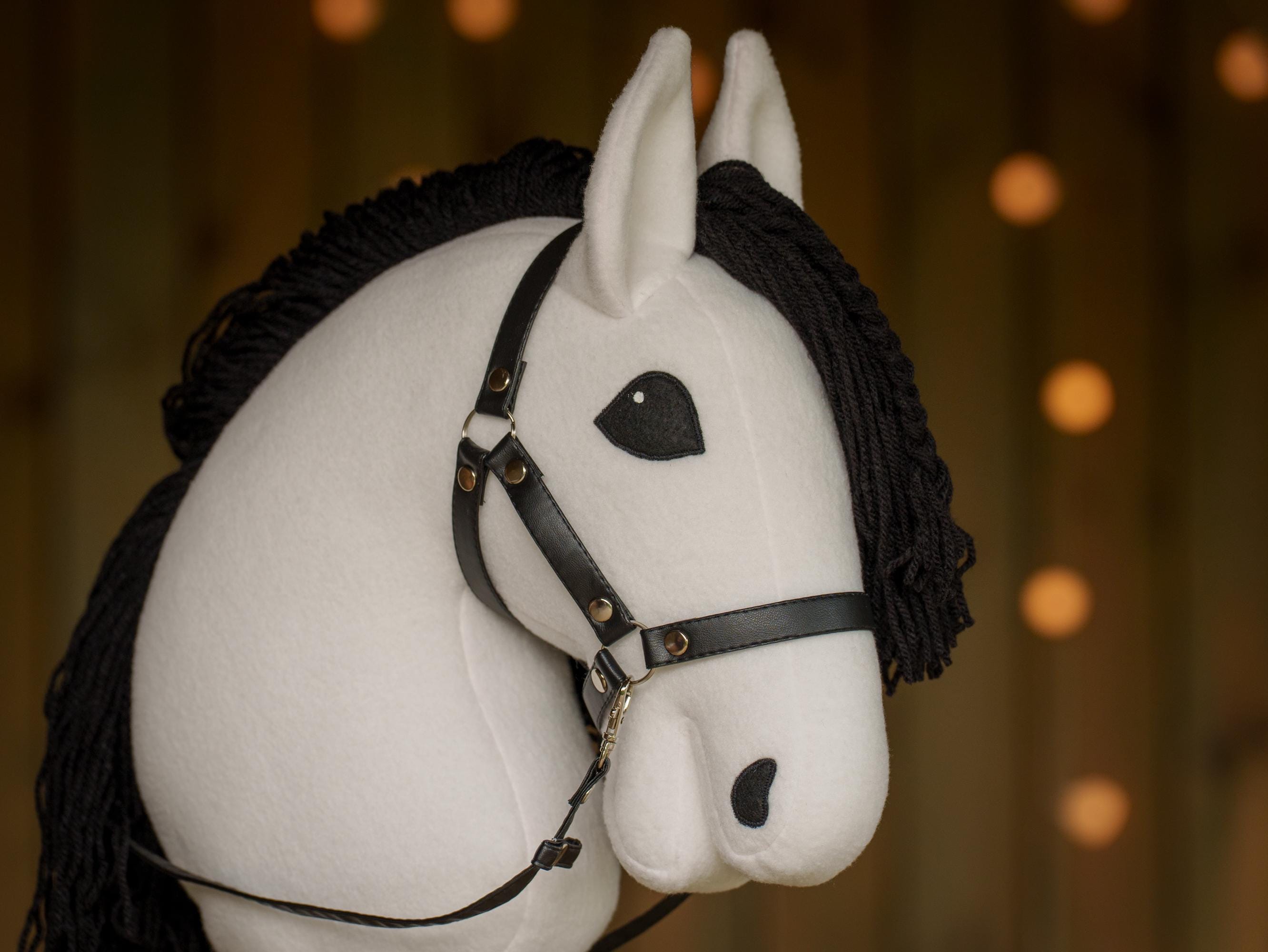 White Hobby Horse with Black Mane – Handmade A3 Stick Horse for Kids – Includes Faux Leather Halter
