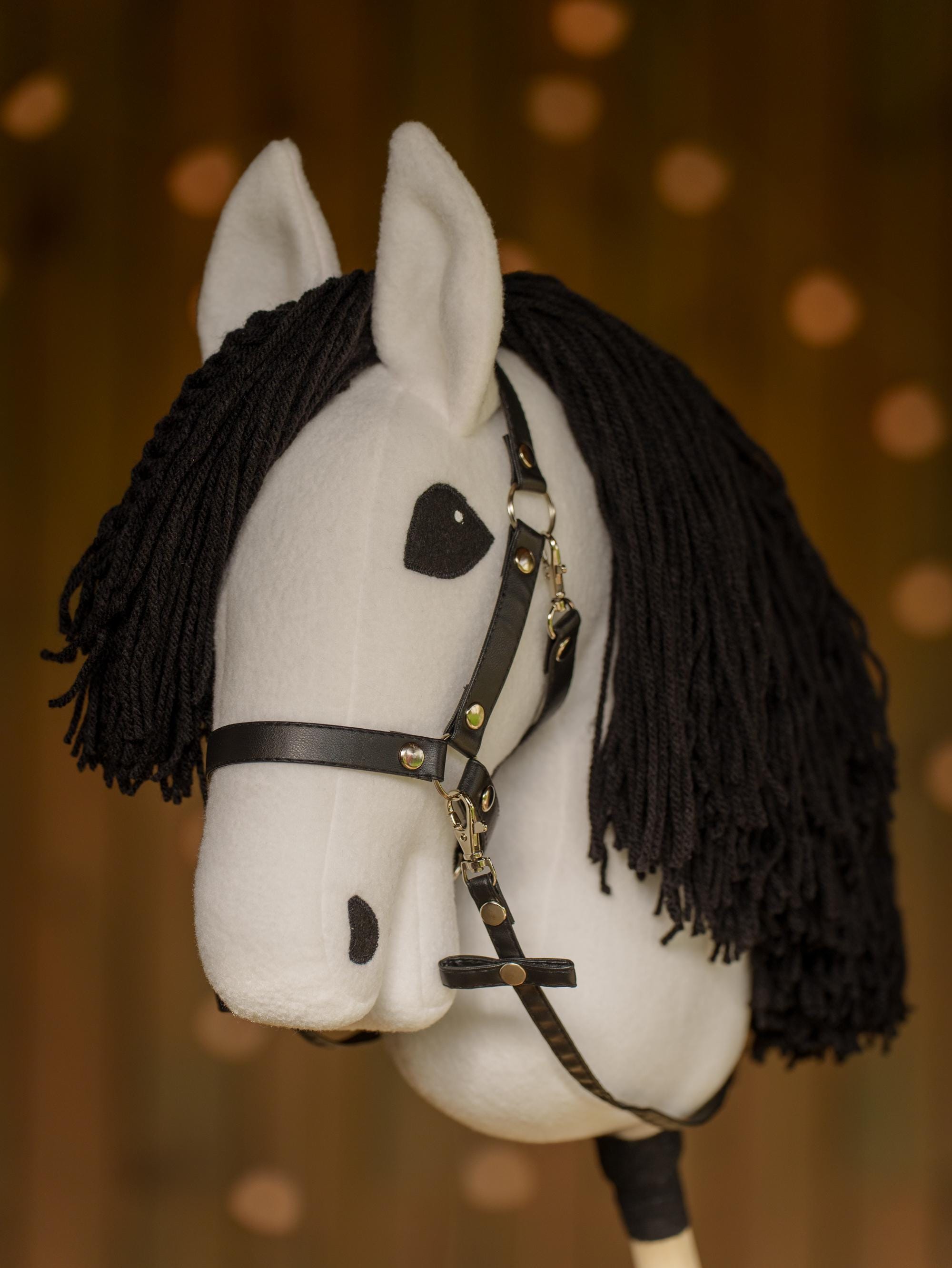 White Hobby Horse with Black Mane – Handmade A3 Stick Horse for Kids – Includes Faux Leather Halter