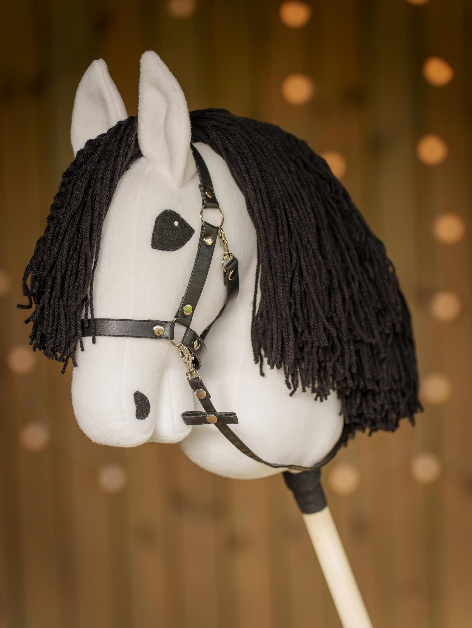White Hobby Horse with Black Mane – Handmade A3 Stick Horse for Kids – Includes Faux Leather Halter