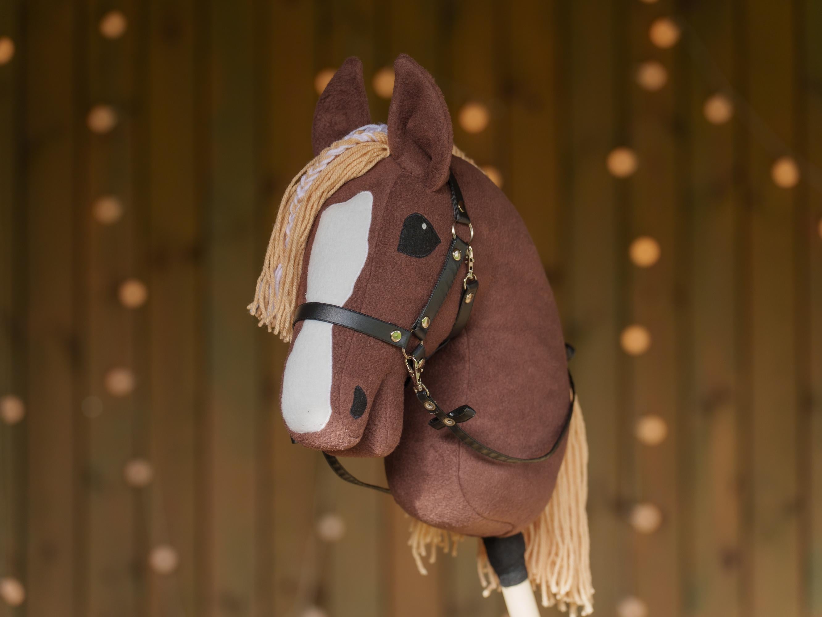 Brown Hobby Horse with Two-Color Mane – Handmade A3 Stick Horse Toy for Kids – Includes Faux Leather Halter