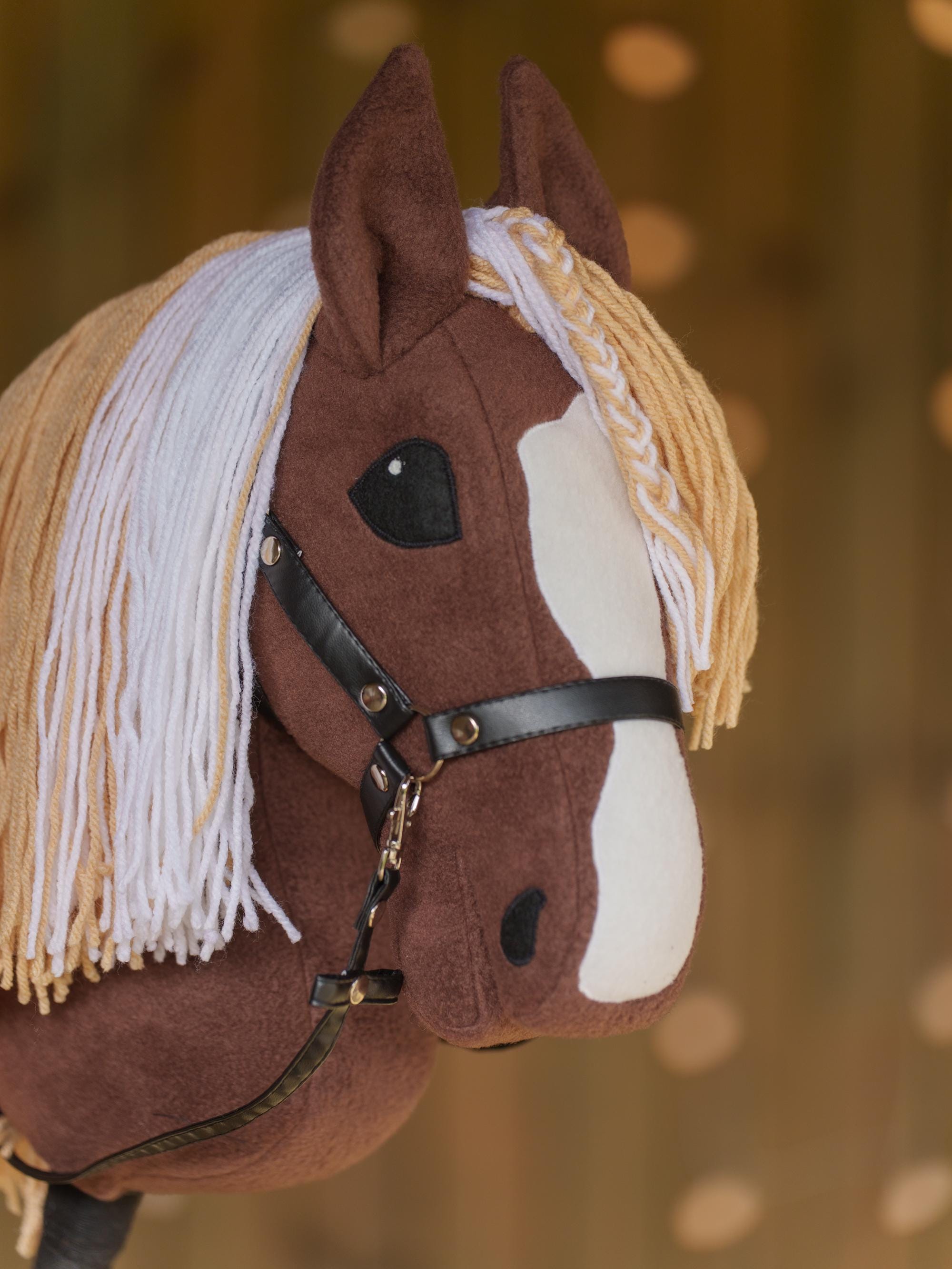 Brown Hobby Horse with Two-Color Mane – Handmade A3 Stick Horse Toy for Kids – Includes Faux Leather Halter