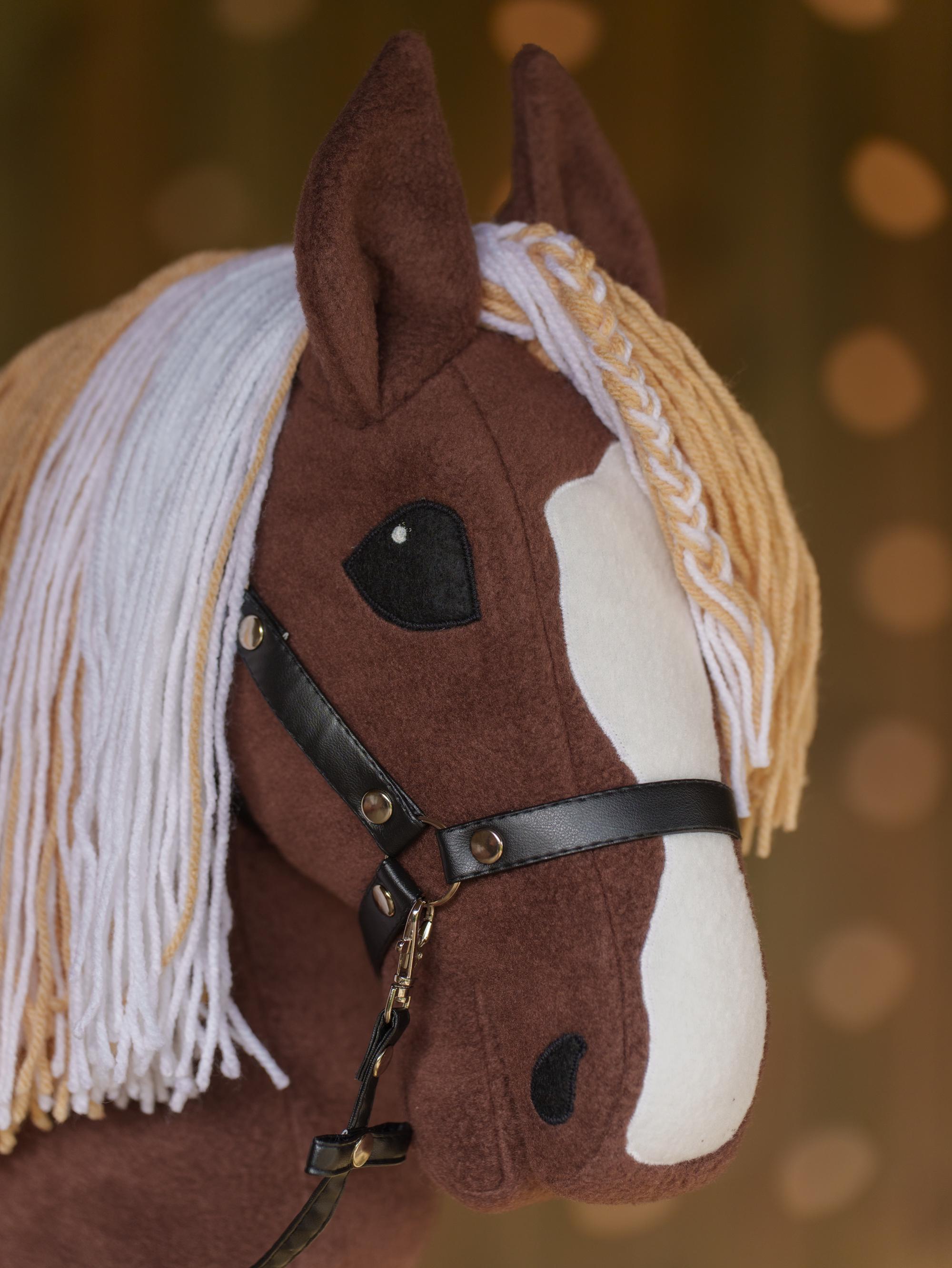 Brown Hobby Horse with Two-Color Mane – Handmade A3 Stick Horse Toy for Kids – Includes Faux Leather Halter