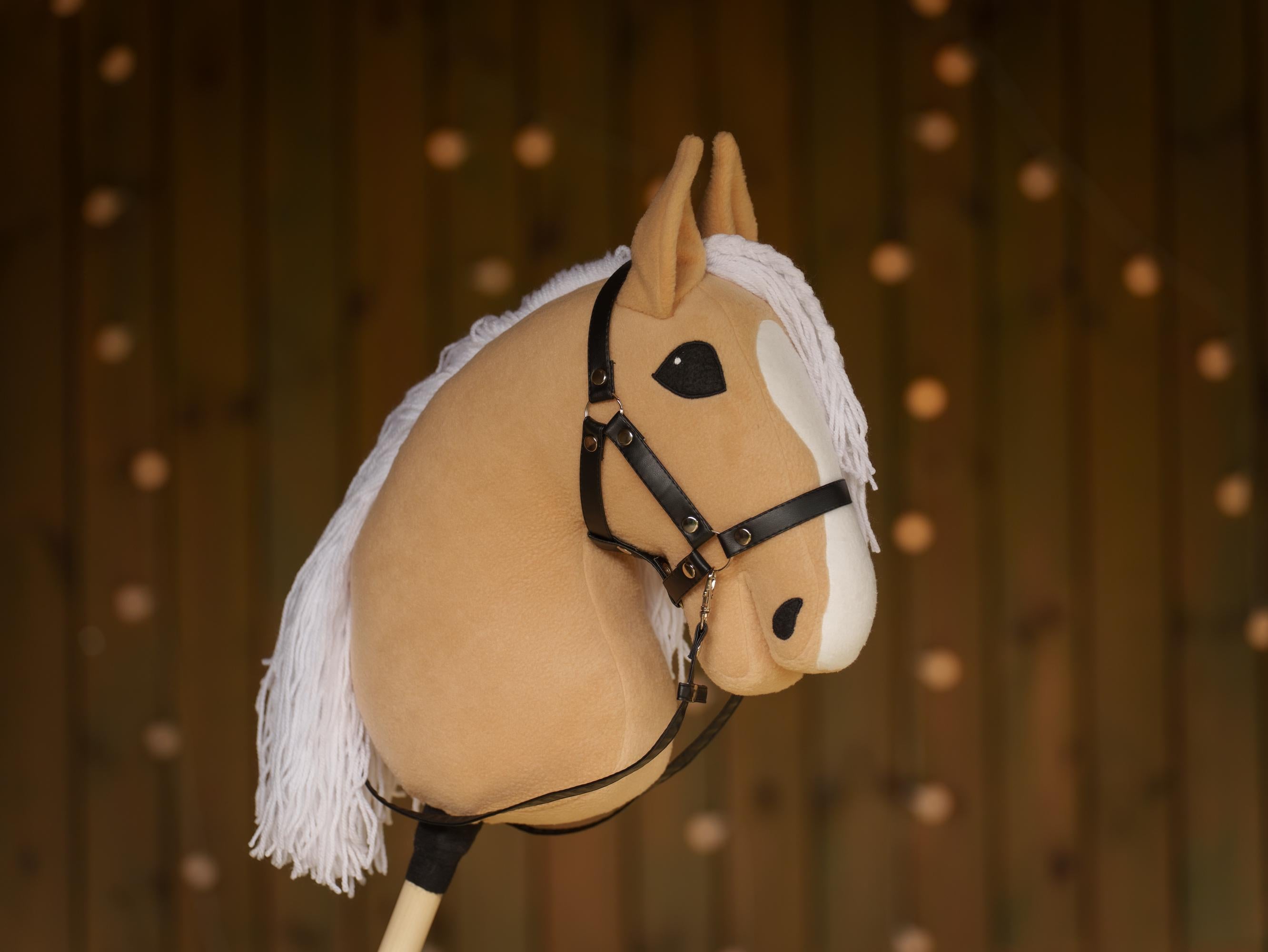 Palomino Hobby Horse with White Mane – Handmade A3 Stick Horse Toy for Kids – Includes Faux Leather Halter