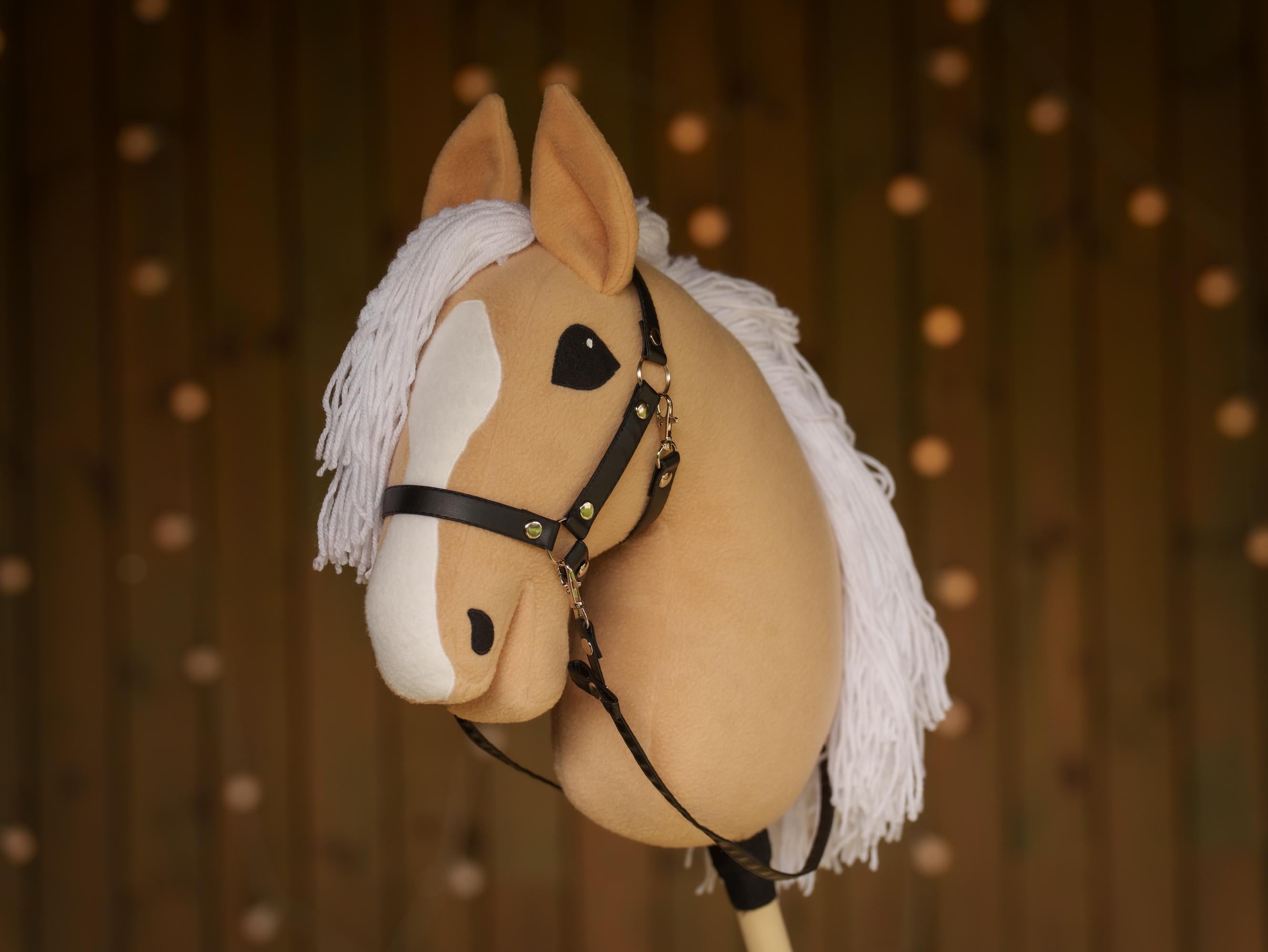 Palomino Hobby Horse with White Mane – Handmade A3 Stick Horse Toy for Kids – Includes Faux Leather Halter