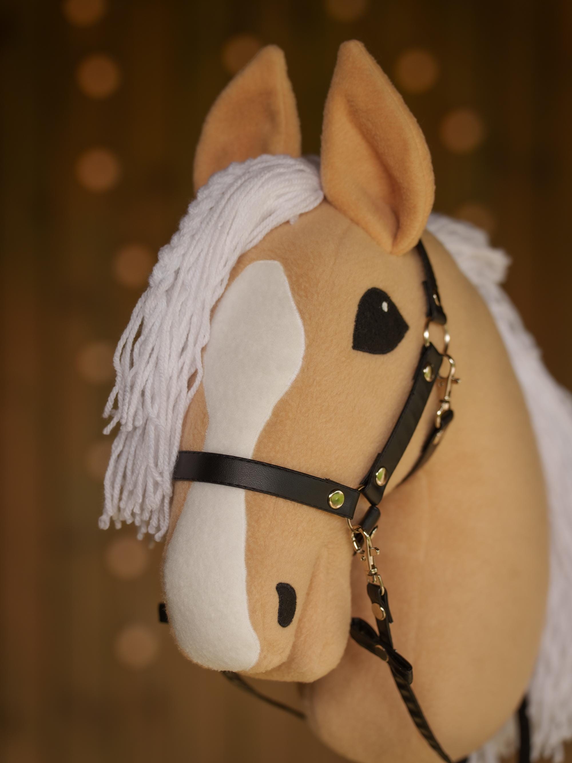Palomino Hobby Horse with White Mane – Handmade A3 Stick Horse Toy for Kids – Includes Faux Leather Halter