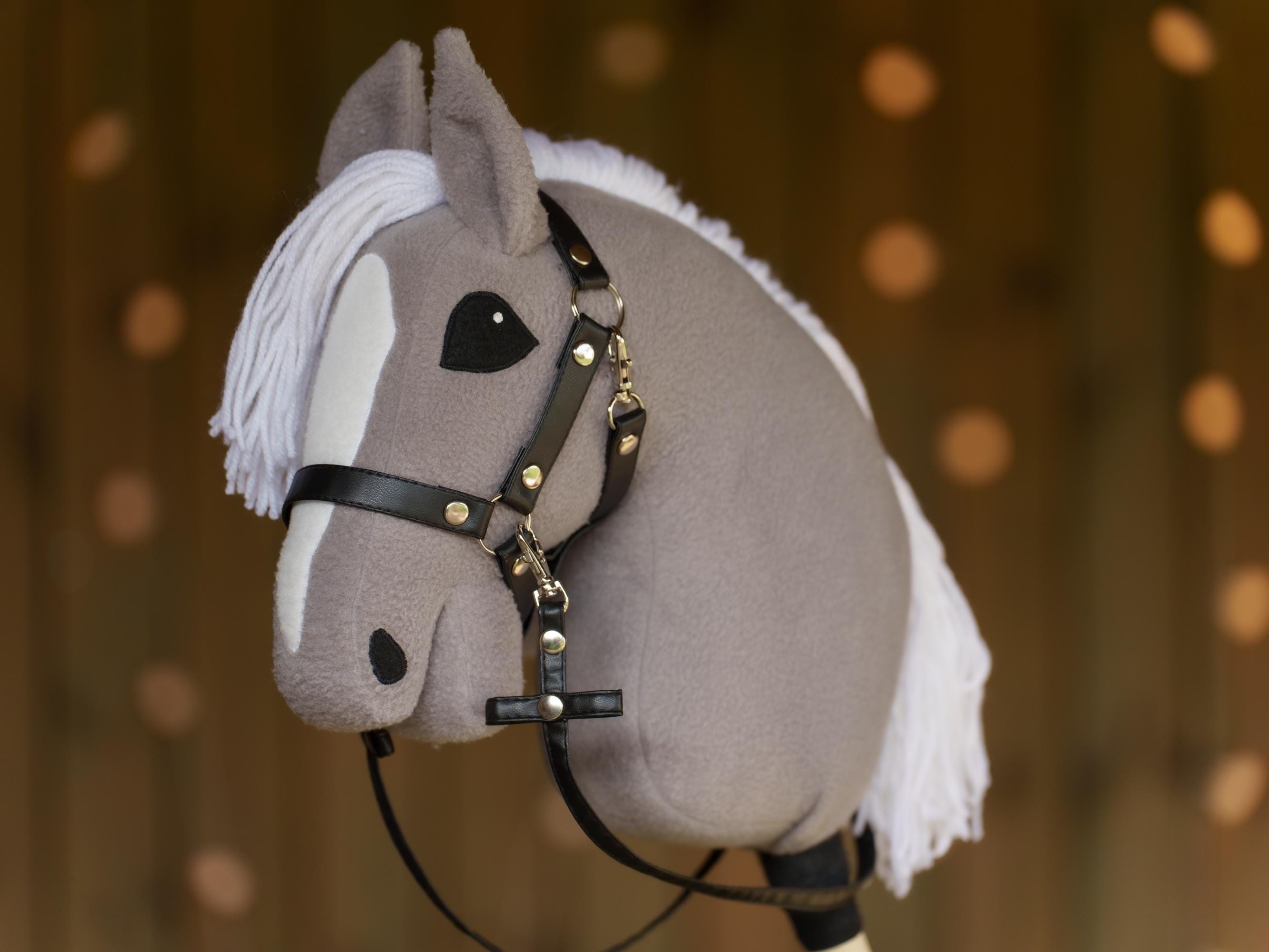 Grey Hobby Horse with White Mane – Handmade A3 Stick Horse Toy for Kids – Includes Faux Leather Halter