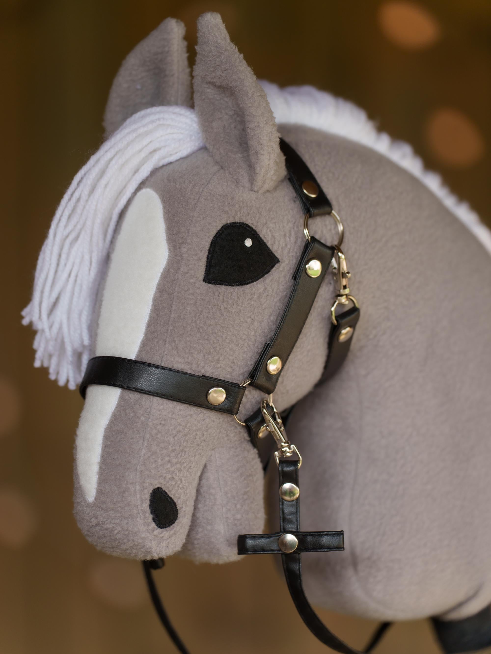 Grey Hobby Horse with White Mane – Handmade A3 Stick Horse Toy for Kids – Includes Faux Leather Halter