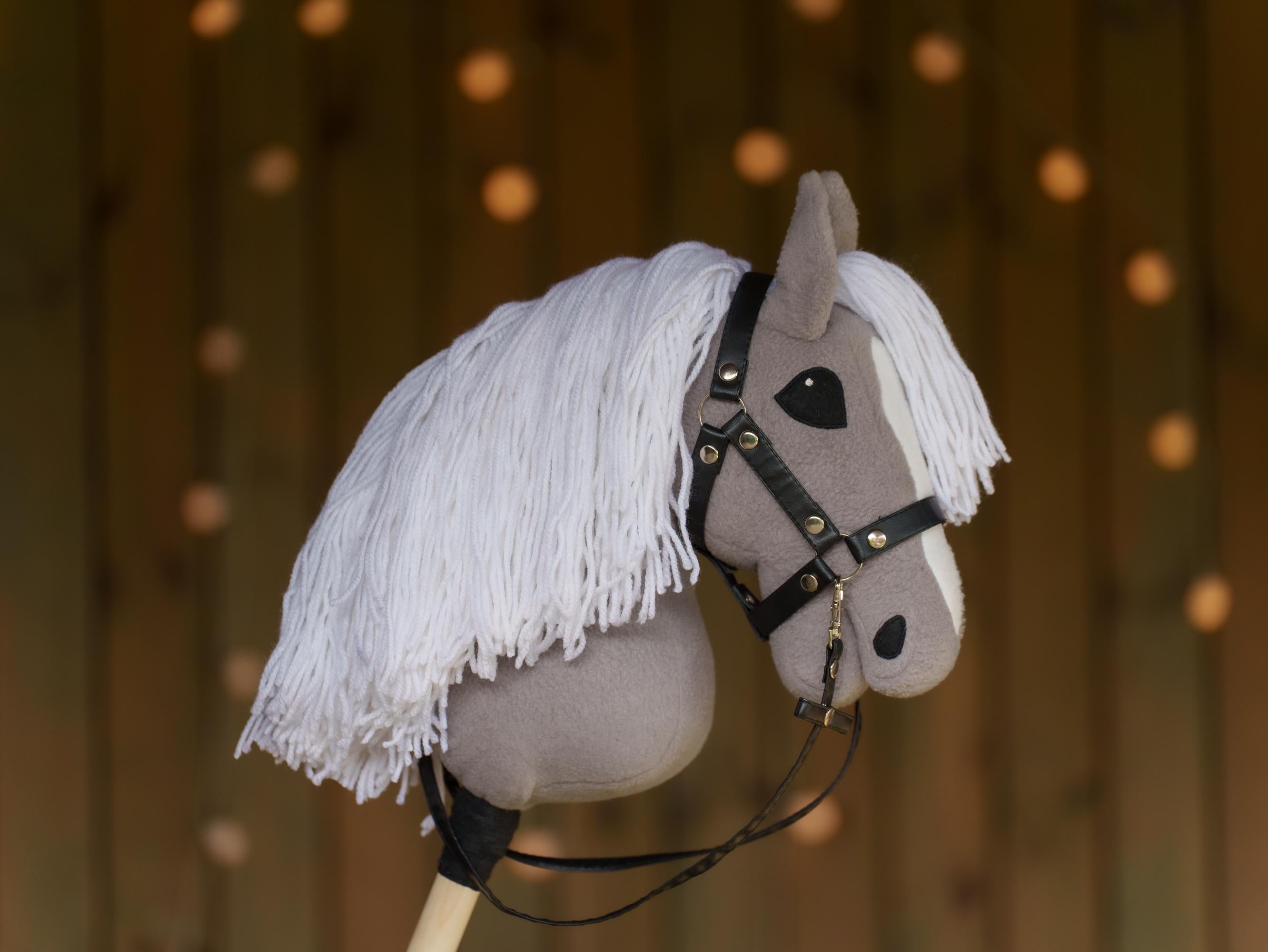 Grey Hobby Horse with White Mane – Handmade A3 Stick Horse Toy for Kids – Includes Faux Leather Halter