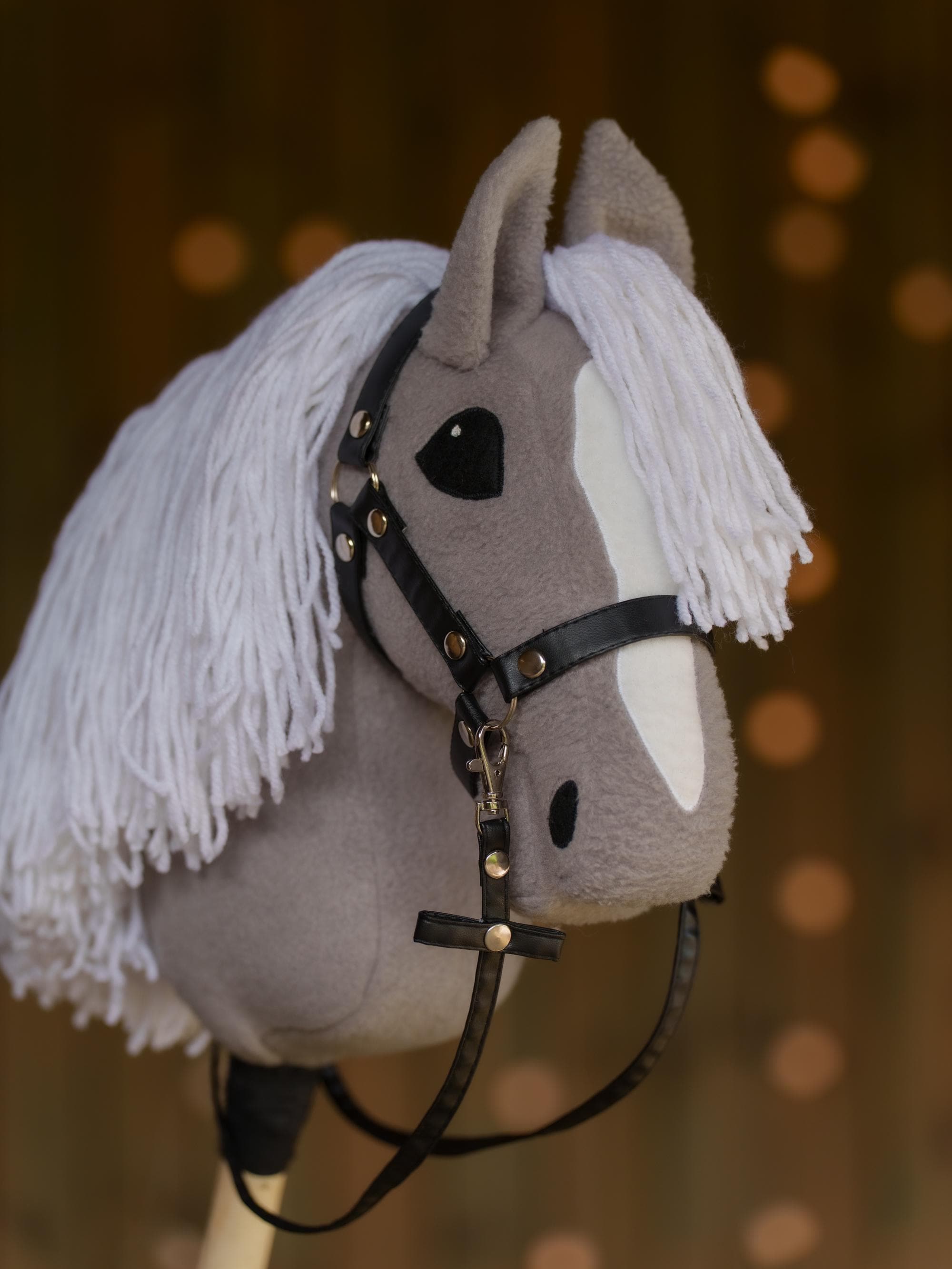 Grey Hobby Horse with White Mane – Handmade A3 Stick Horse Toy for Kids – Includes Faux Leather Halter