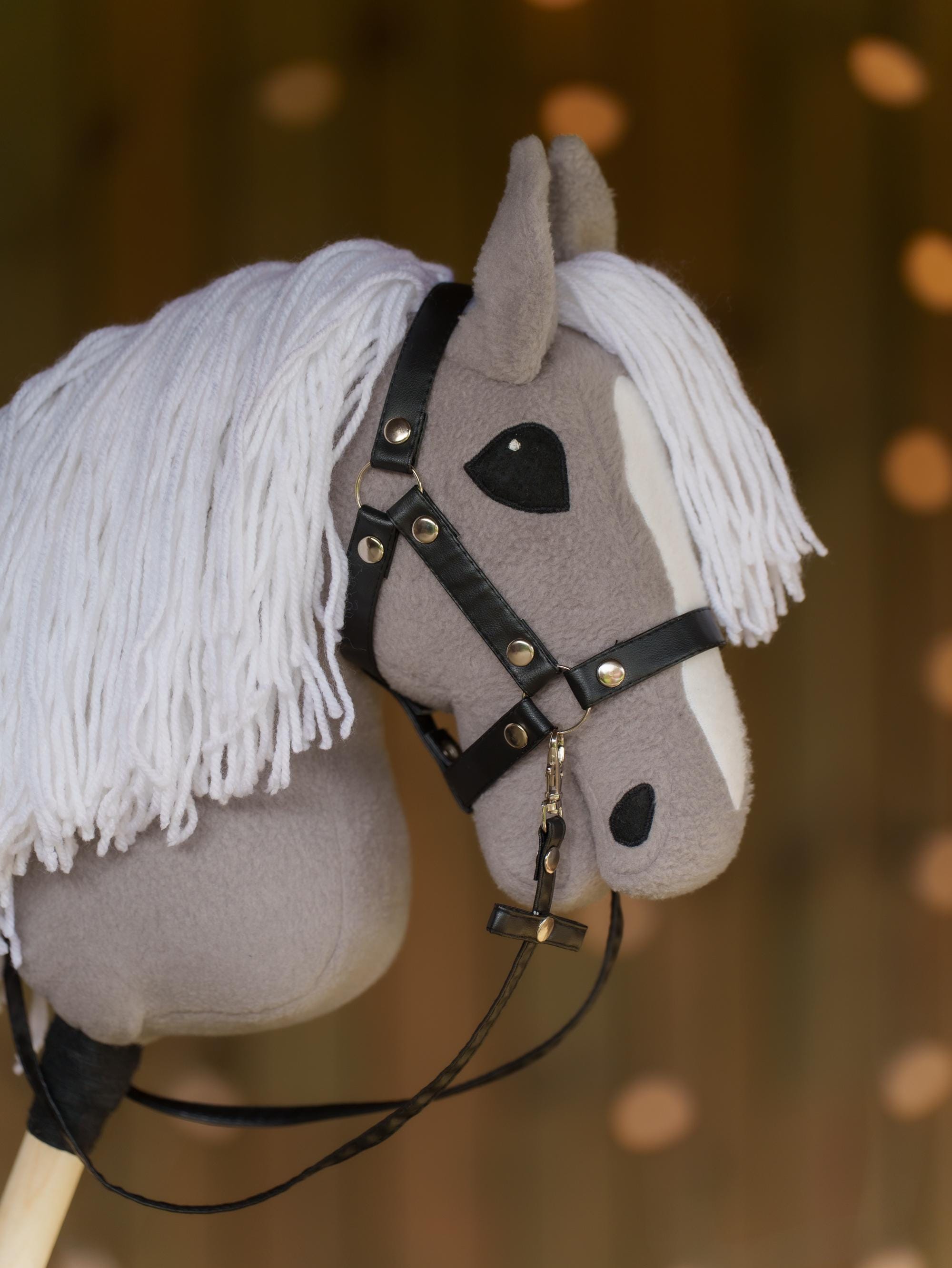 Grey Hobby Horse with White Mane – Handmade A3 Stick Horse Toy for Kids – Includes Faux Leather Halter