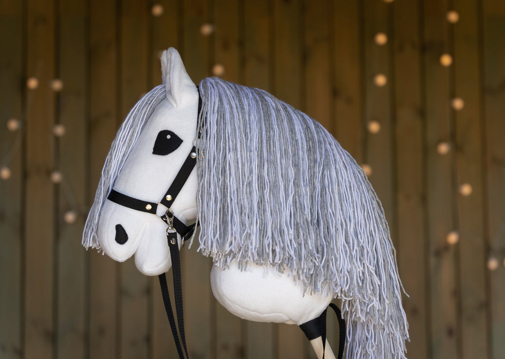 White Hobbyhorse with Grey Mane – A3 Size Stick Horse | Handmade Hobby Horse with Black Halter