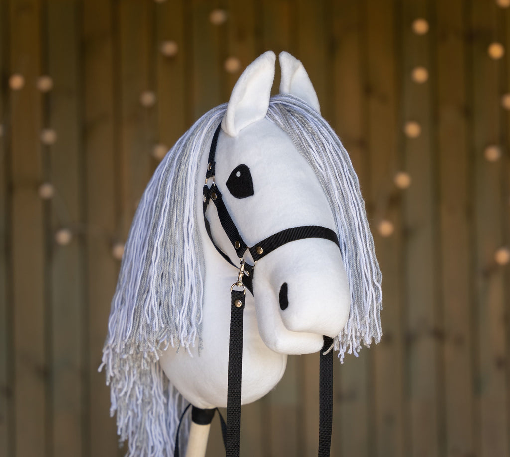 White Hobbyhorse with Grey Mane – A3 Size Stick Horse | Handmade Hobby Horse with Black Halter