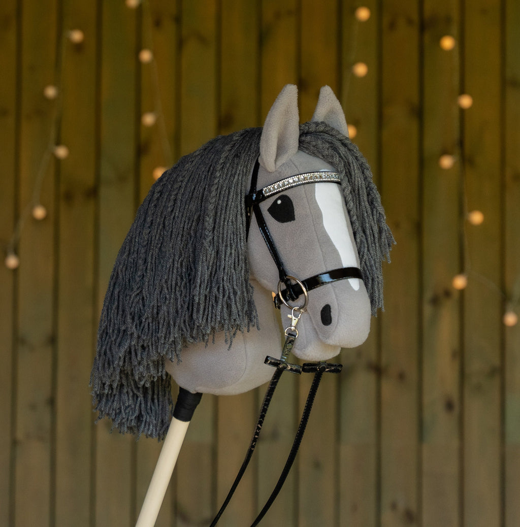 Grey Hobbyhorse – Handmade A3 Stick Horse with Halter or Rhinestone Bridle