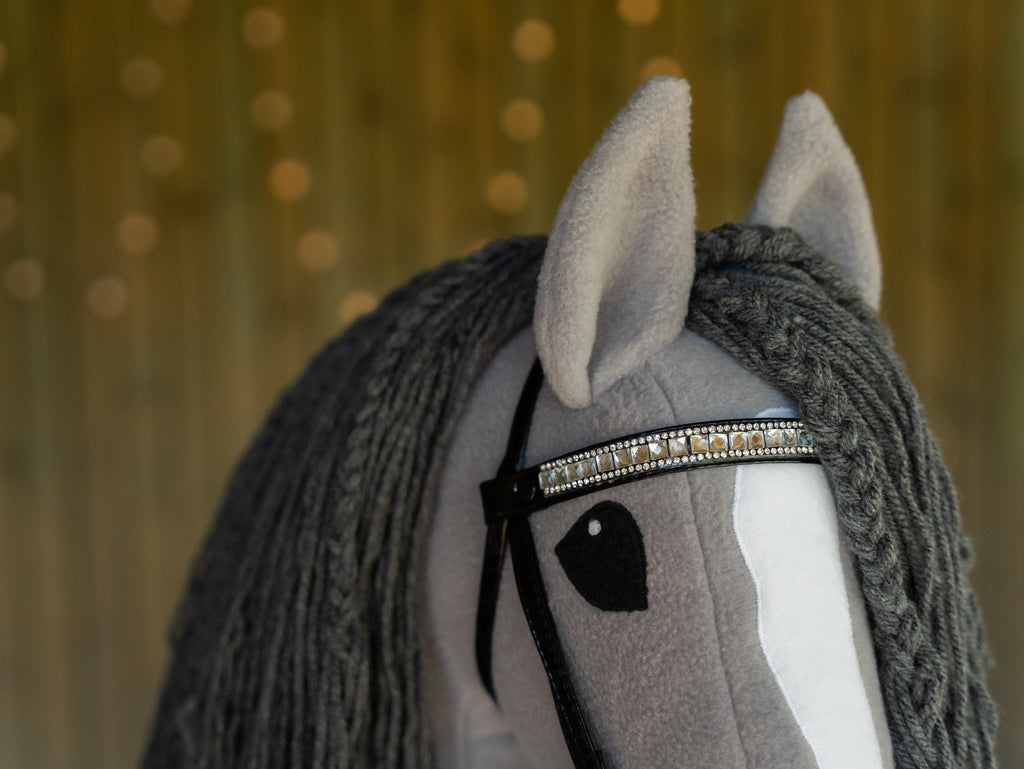 Grey Hobbyhorse – Handmade A3 Stick Horse with Halter or Rhinestone Bridle
