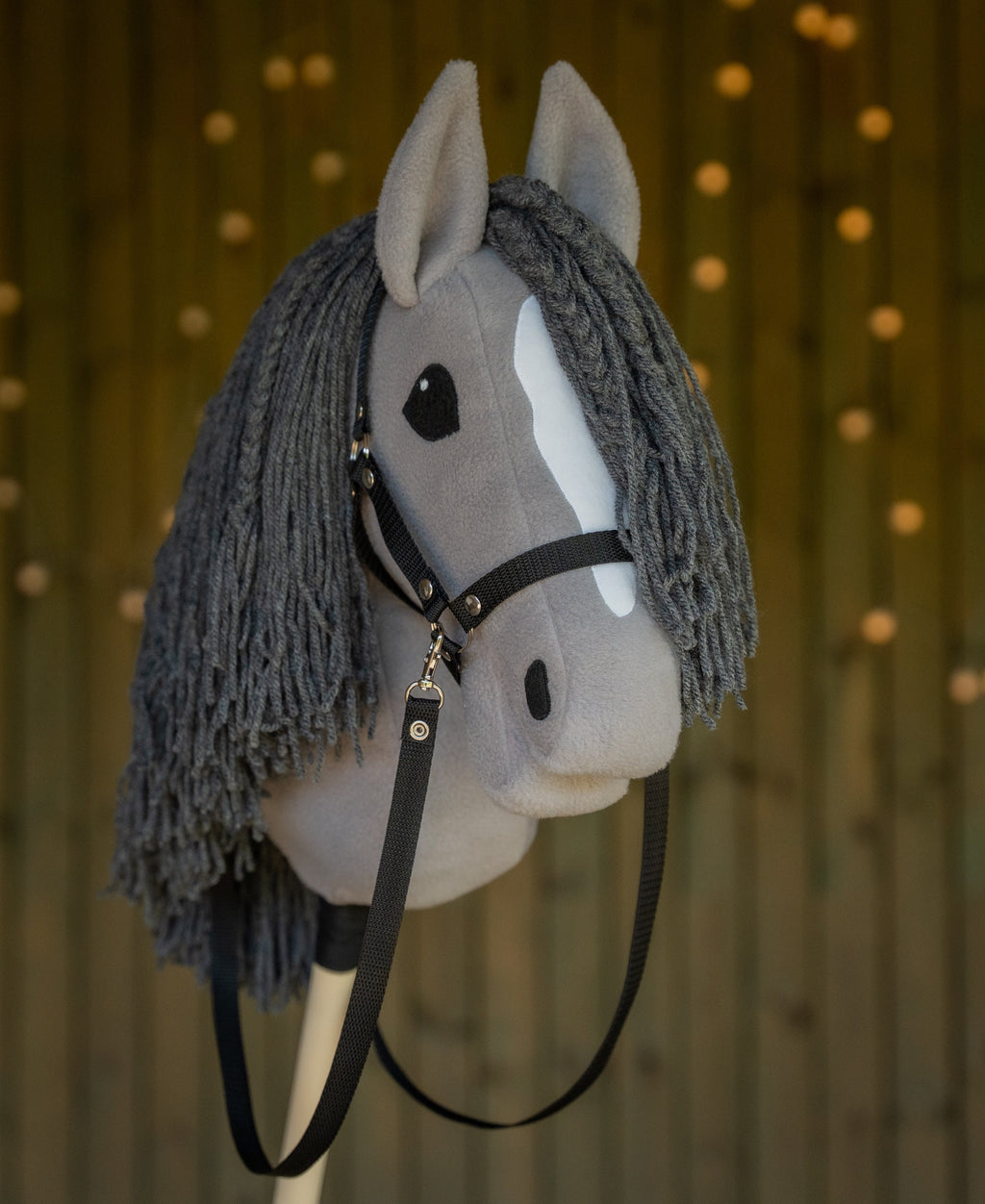 Grey Hobbyhorse – Handmade A3 Stick Horse with Halter or Rhinestone Bridle