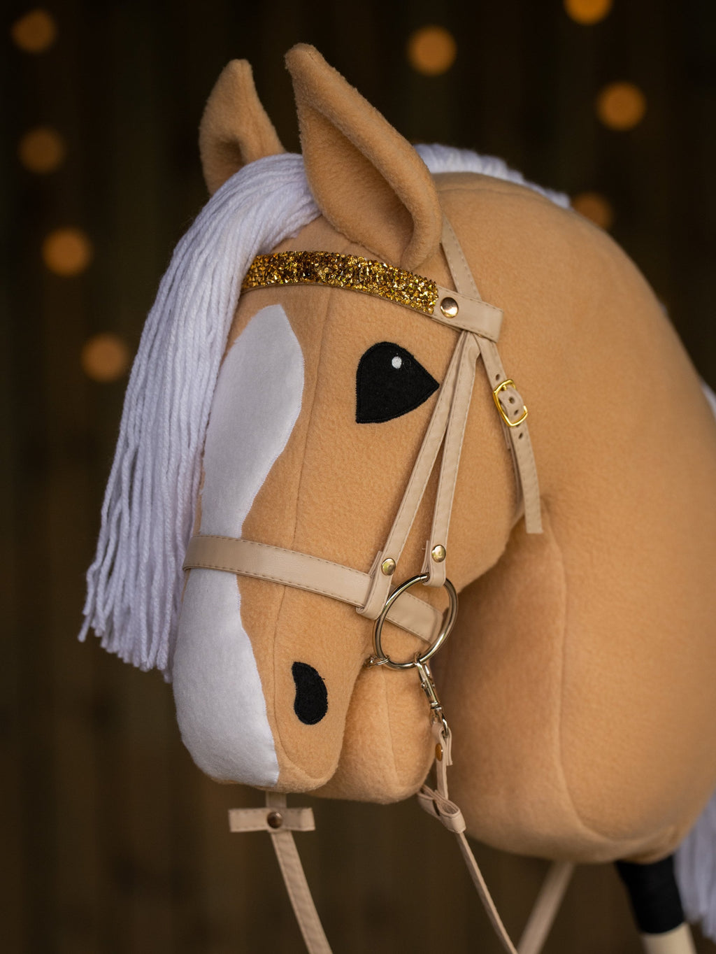 Palomino Hobbyhorse with Rhinestone Bridle – A3 Size Stick Horse | Handmade Hobby Horse with White Mane