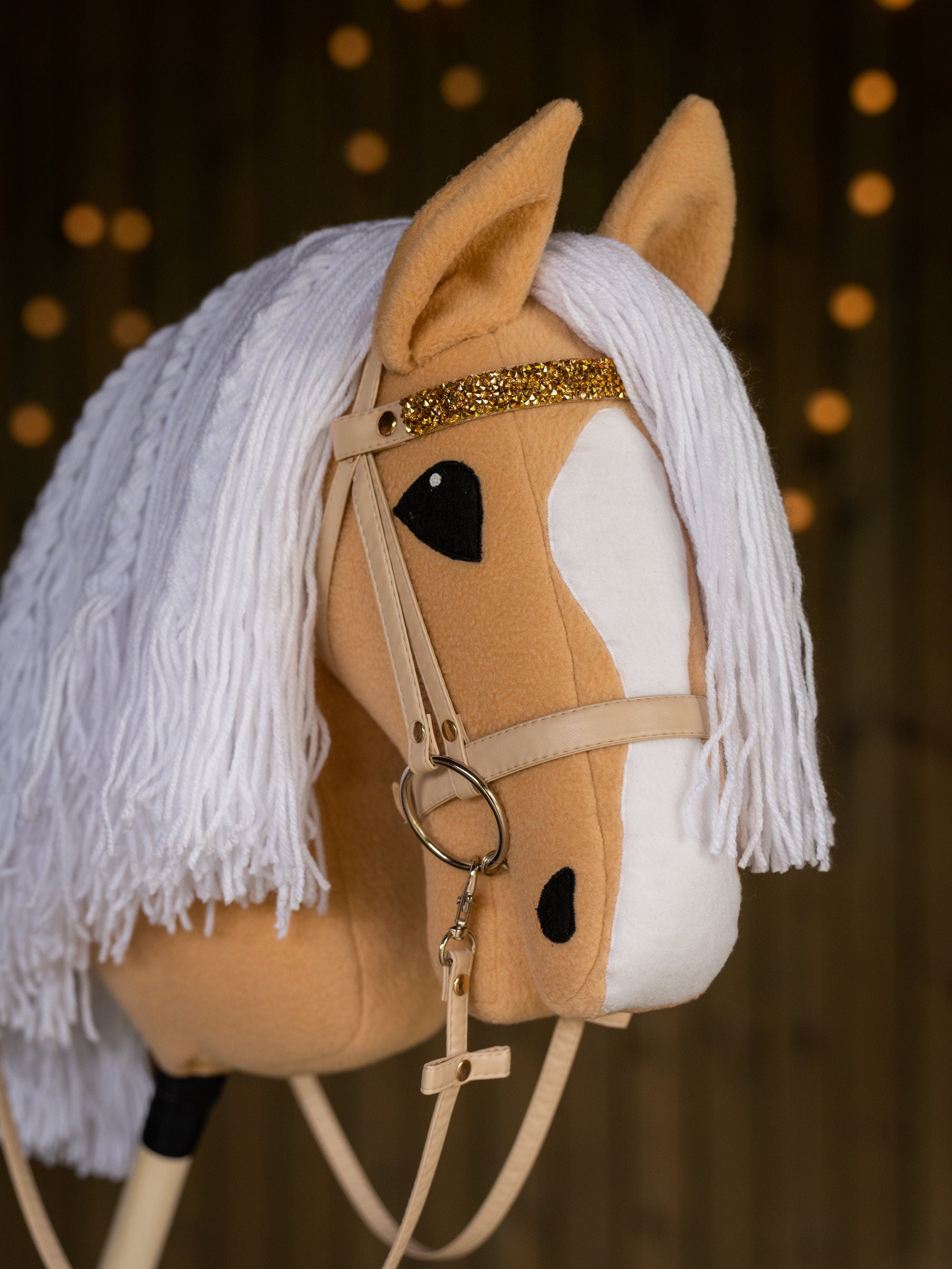 Palomino Hobbyhorse with Rhinestone Bridle – A3 Size Stick Horse | Handmade Hobby Horse with White Mane