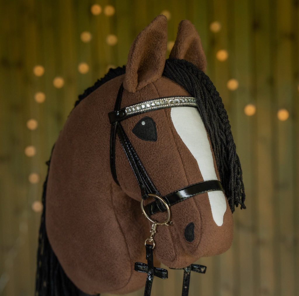 Brown Hobbyhorse with Black Mane – A3 Size Stick Horse | Handmade Hobby Horse with Rhinestone Bridle or Halter