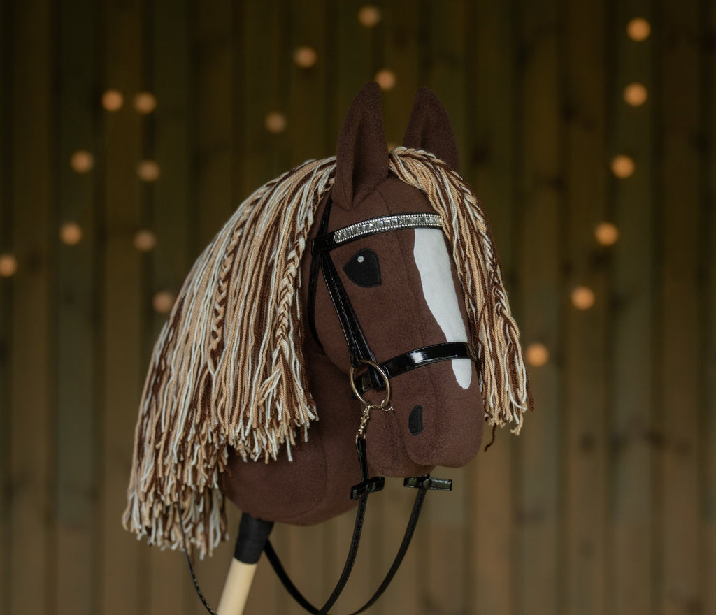 Brown Hobby Horse A3 – Handmade Stick Horse with Bridle or Halter, Tri-Color Mane