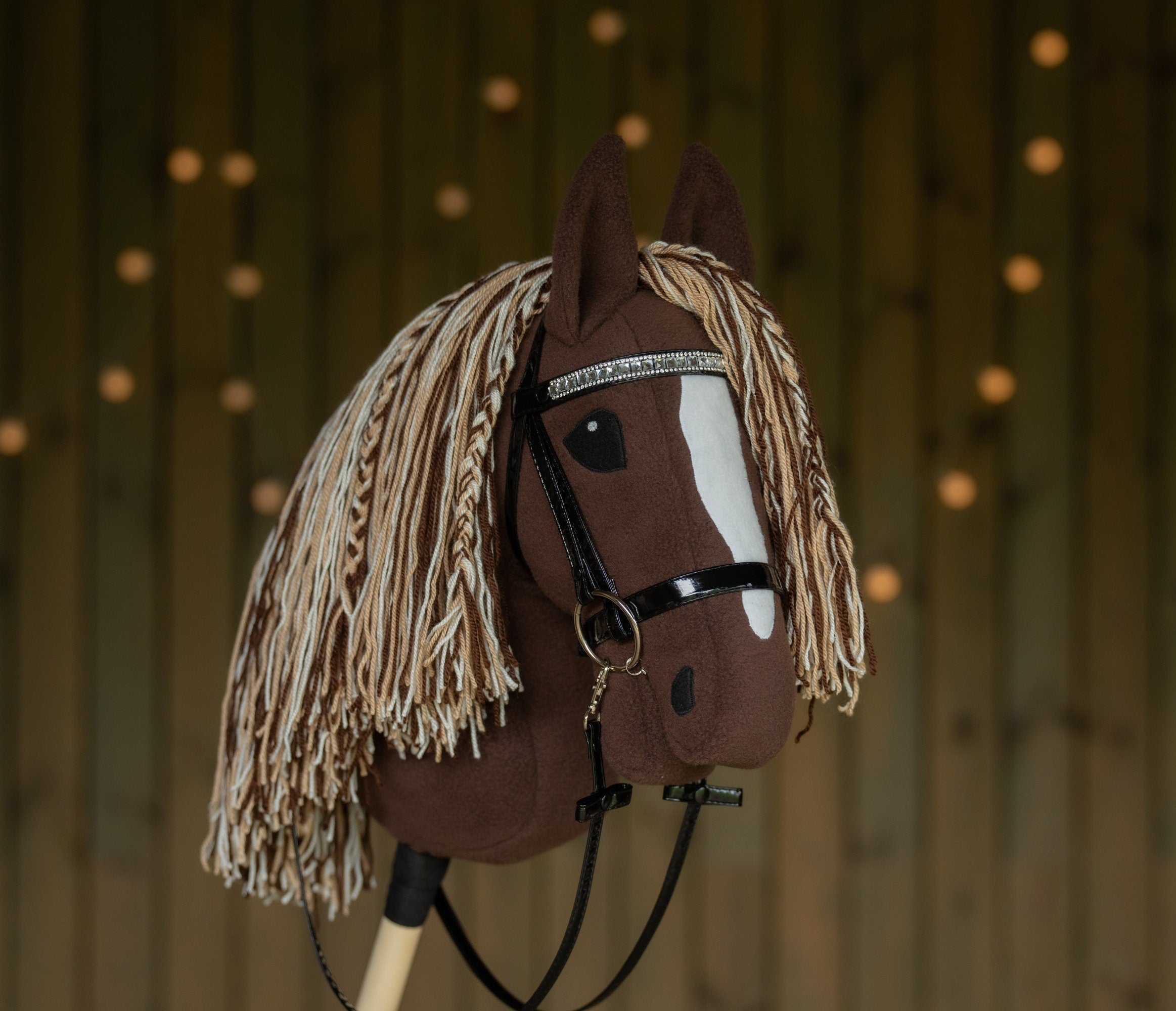 Brown Hobby Horse A3 – Handmade Stick Horse with Bridle or Halter, Tri-Color Mane