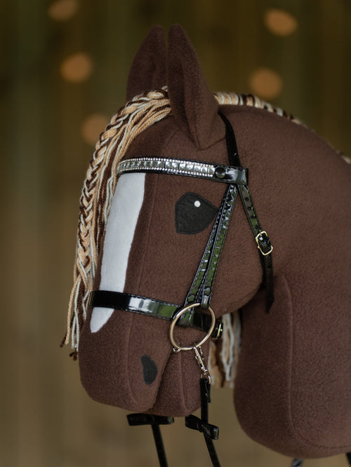 Brown Hobby Horse A3 – Handmade Stick Horse with Bridle or Halter, Tri-Color Mane
