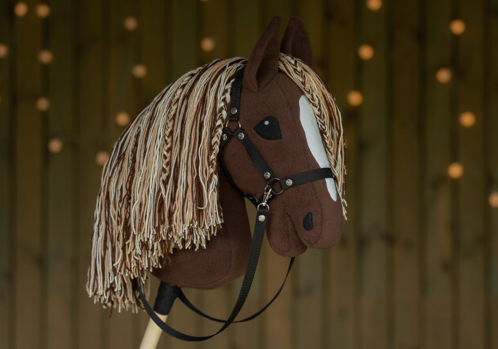 Brown Hobby Horse A3 – Handmade Stick Horse with Bridle or Halter, Tri-Color Mane