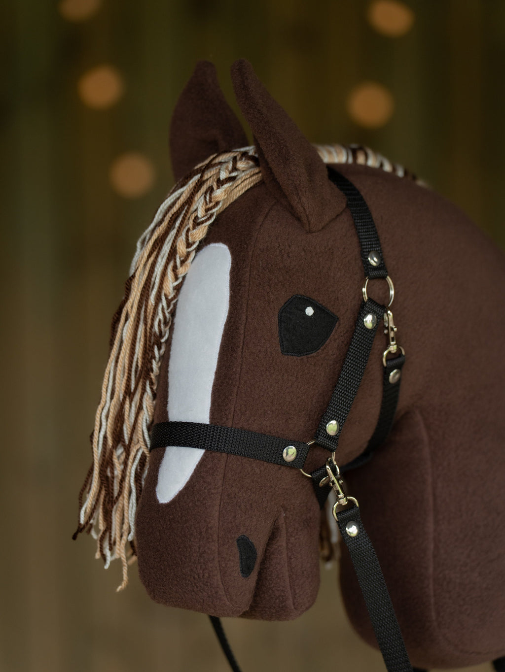 Brown Hobby Horse A3 – Handmade Stick Horse with Bridle or Halter, Tri-Color Mane