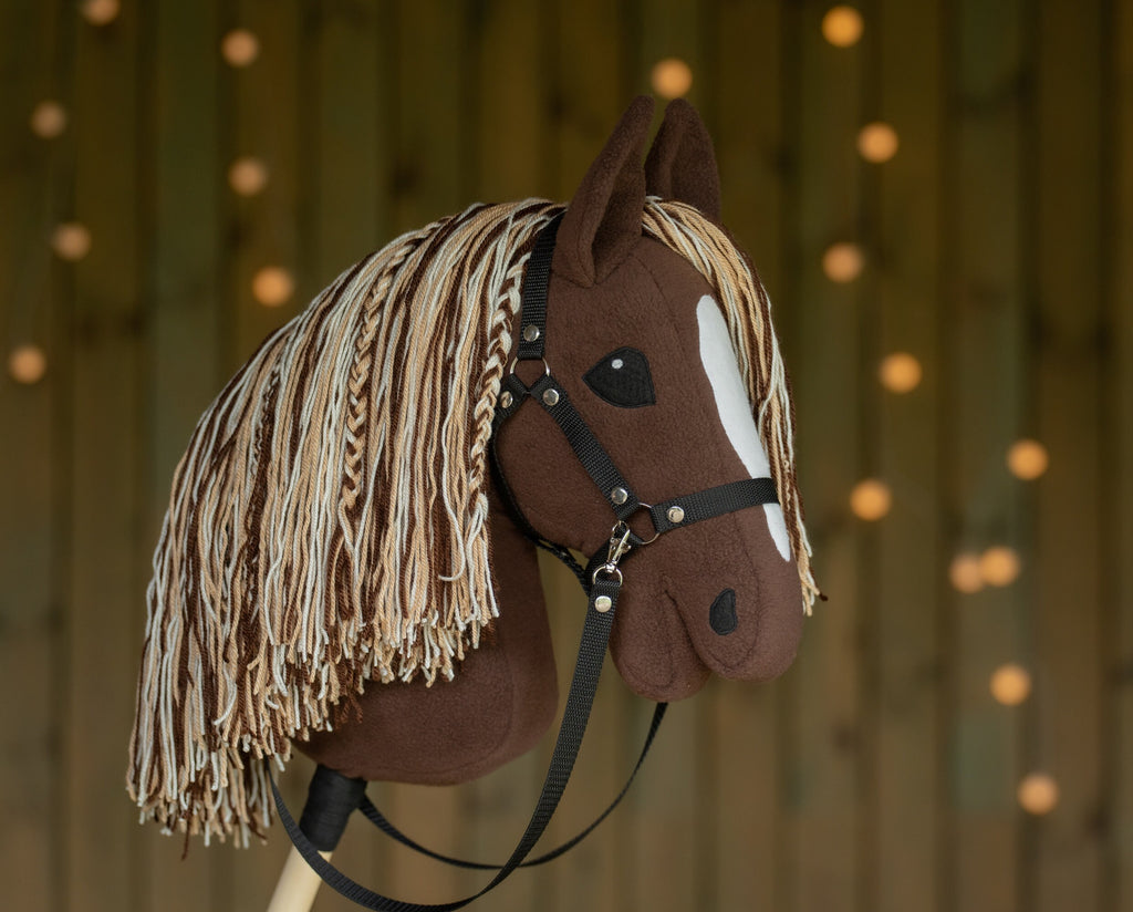 Brown Hobby Horse A3 – Handmade Stick Horse with Bridle or Halter, Tri-Color Mane