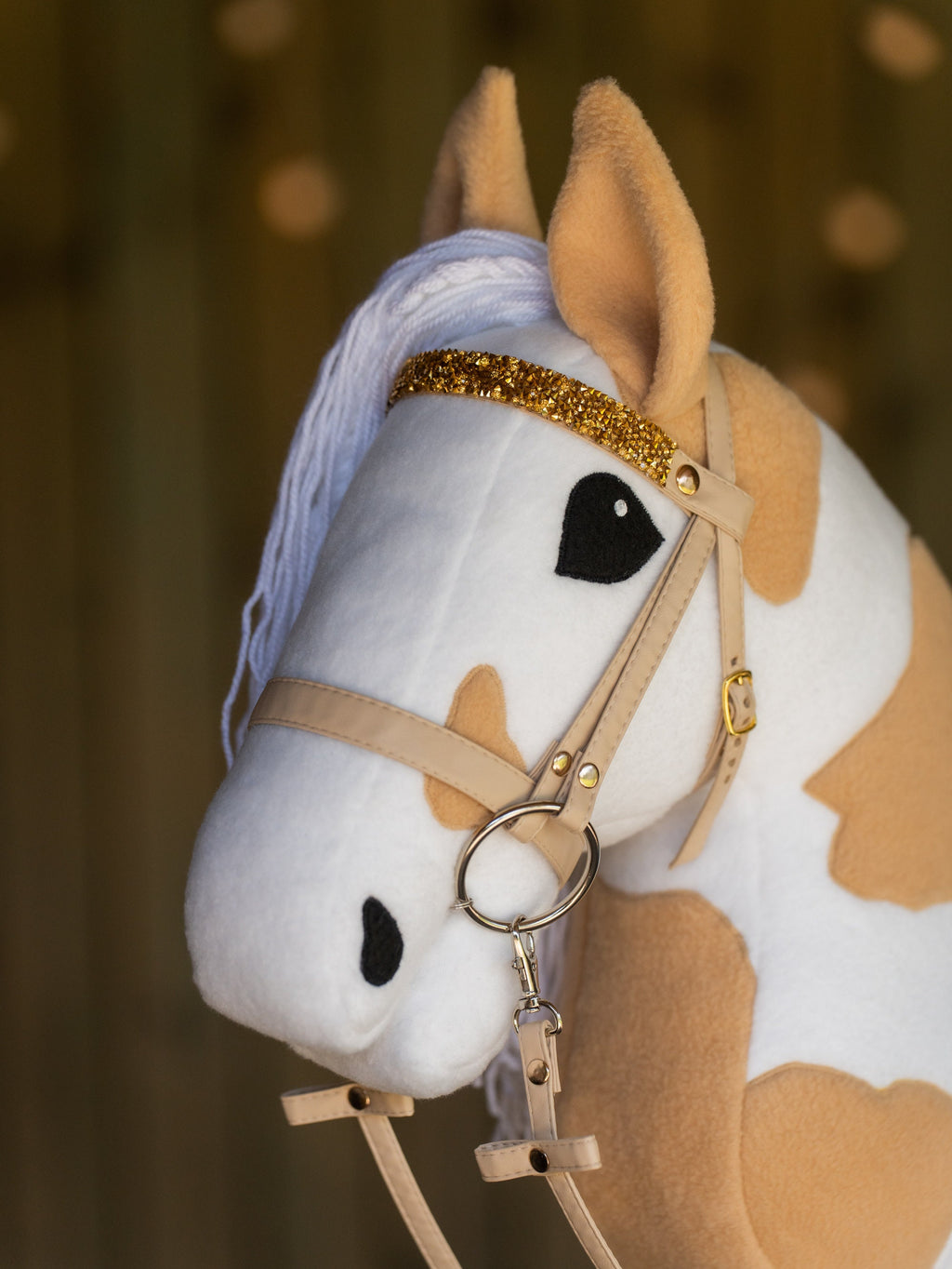 Paint Hobby Horse A3 – Handmade Stick Horse with Bridle or Halter, Rhinestone Tack, Two-Color Mane