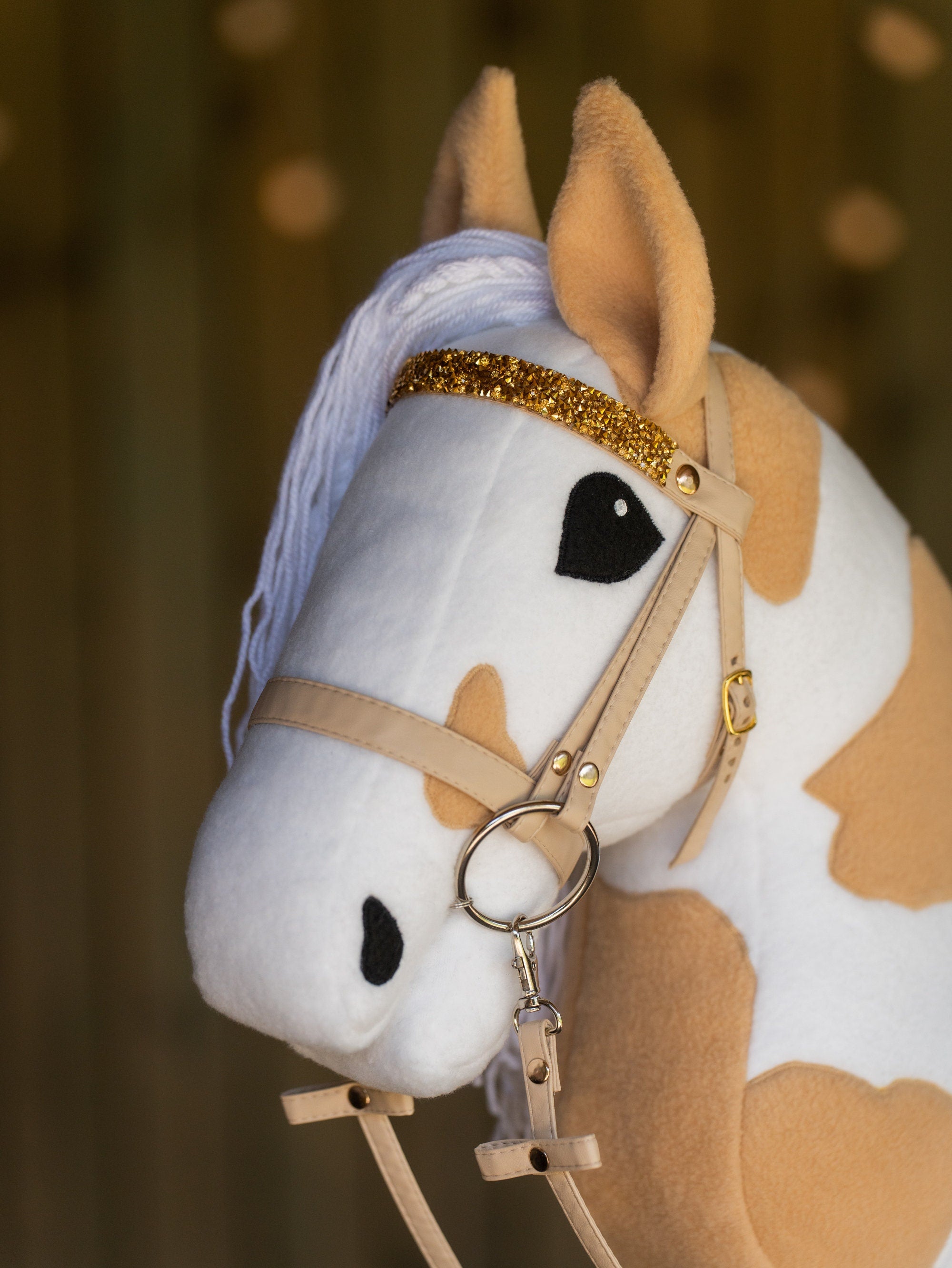 Paint Hobby Horse A3 – Handmade Stick Horse with Bridle or Halter, Rhinestone Tack, Two-Color Mane