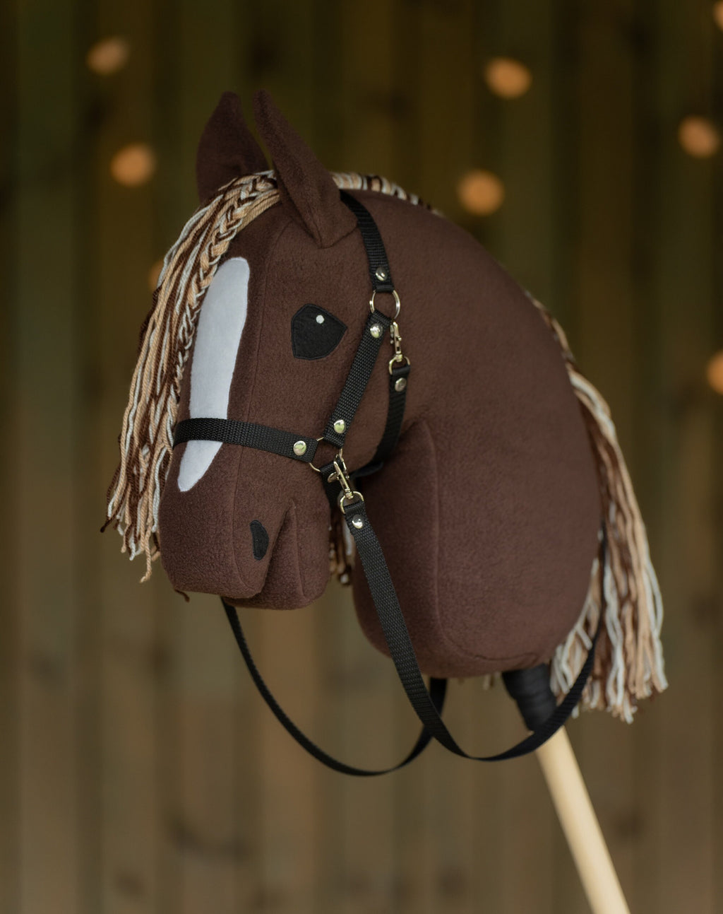 Brown Hobby Horse A3 – Handmade Stick Horse with Bridle or Halter, Tri-Color Mane