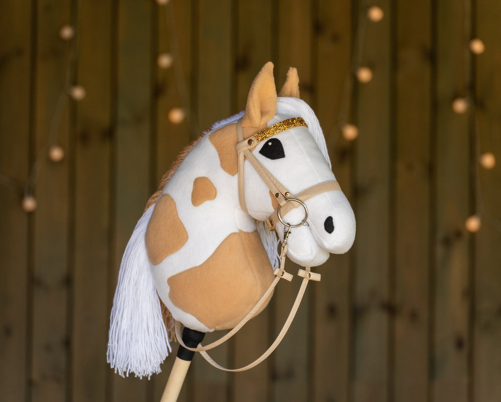 Paint Hobby Horse A3 – Handmade Stick Horse with Bridle or Halter, Rhinestone Tack, Two-Color Mane