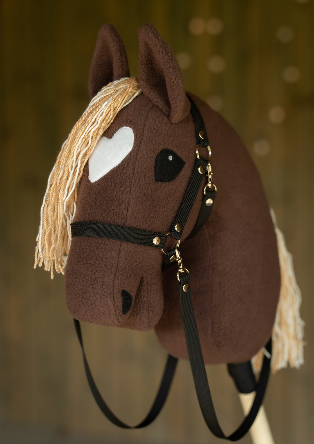 Brown Hobby Horse A3 – Handmade Stick Horse with Rhinestone Bridle or Halter, Two-Color Mane