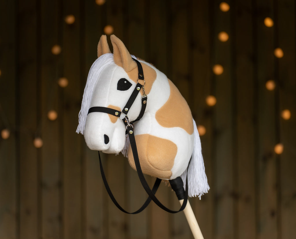 Paint Hobby Horse A3 – Handmade Stick Horse with Bridle or Halter, Rhinestone Tack, Two-Color Mane
