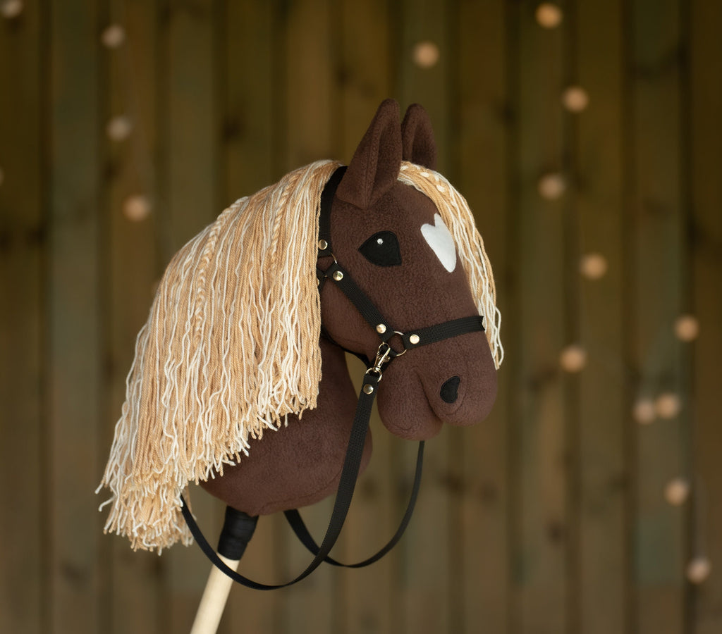 Brown Hobby Horse A3 – Handmade Stick Horse with Rhinestone Bridle or Halter, Two-Color Mane