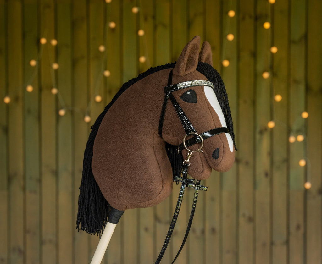 Brown Hobbyhorse with Black Mane – A3 Size Stick Horse | Handmade Hobby Horse with Rhinestone Bridle or Halter