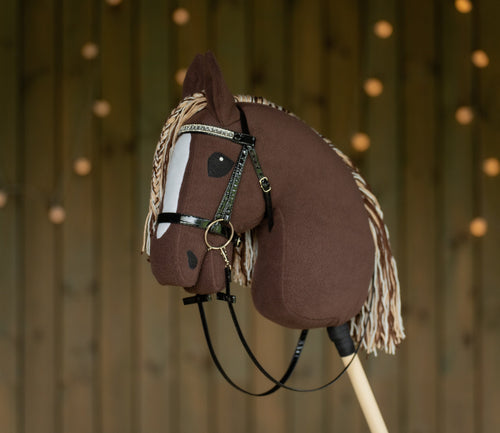 Brown Hobby Horse A3 – Handmade Stick Horse with Bridle or Halter, Tri-Color Mane
