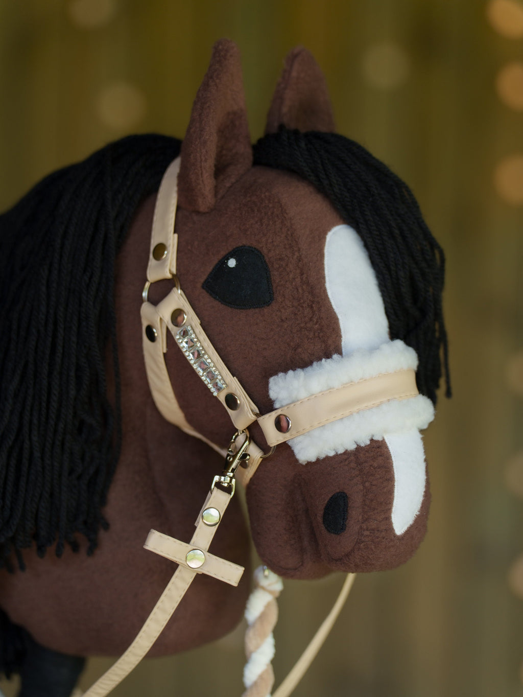Faux Leather Hobbyhorse Halter with Rhinestones & Cream Fur – Fits A3 or A4 Sizes