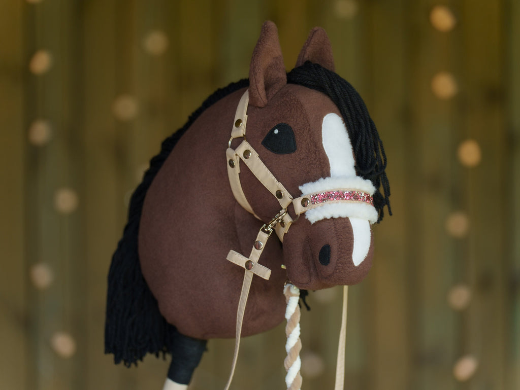 Faux Leather Hobbyhorse Halter with Rhinestones & Cream Fur – Fits A3 or A4 Sizes