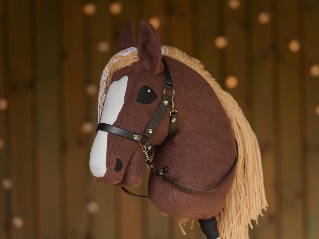 Brown Hobby Horse with Two-Color Mane – Handmade A3 Stick Horse Toy for Kids – Includes Faux Leather Halter