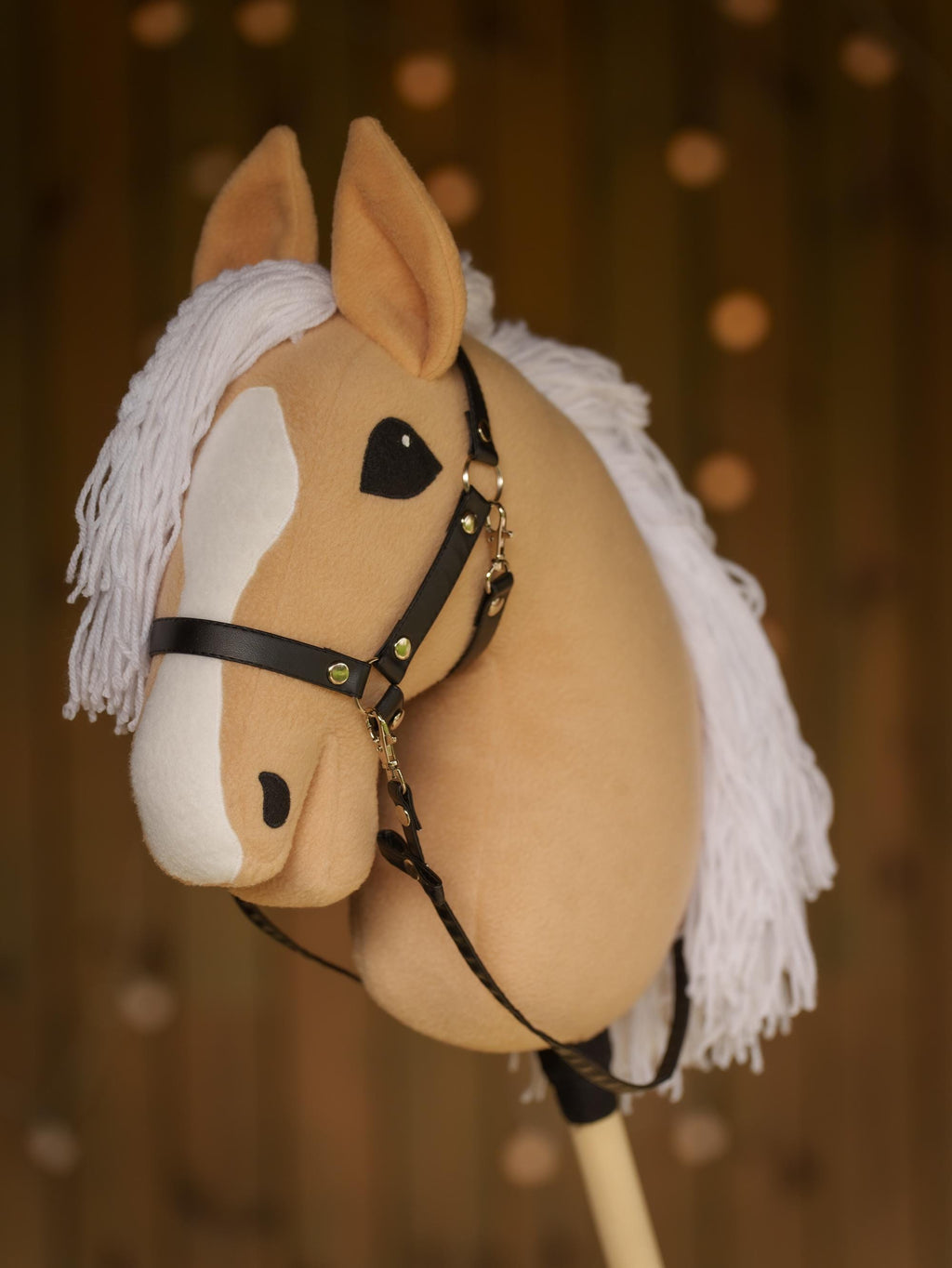 Palomino Hobby Horse with White Mane – Handmade A3 Stick Horse Toy for Kids – Includes Faux Leather Halter