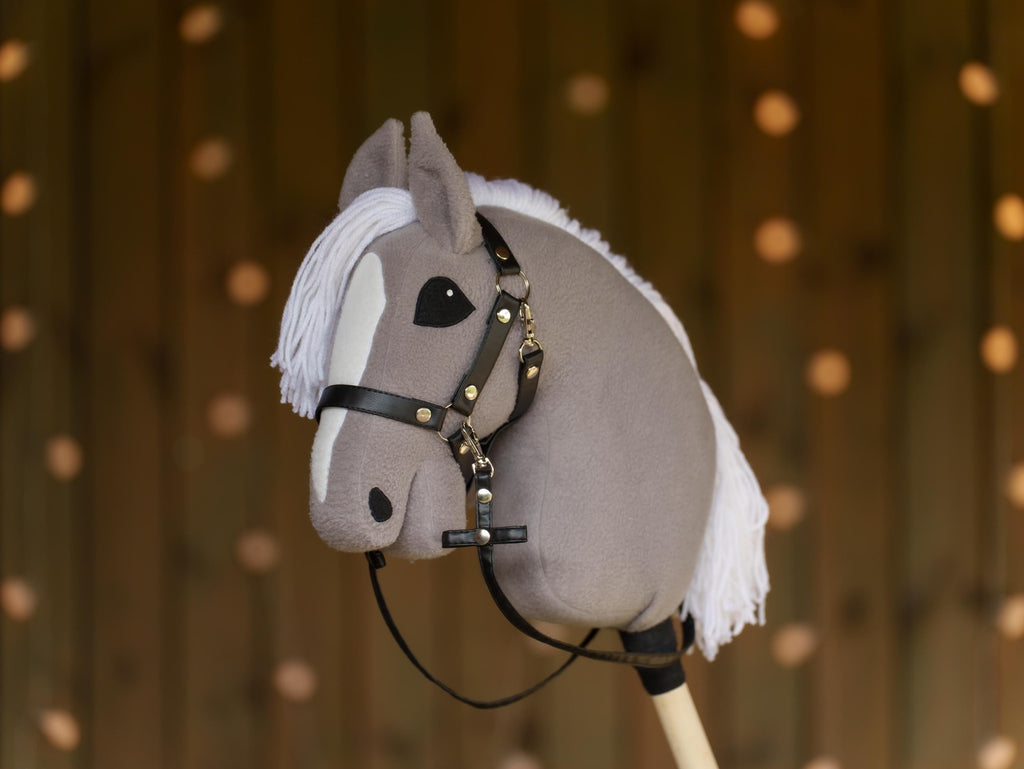 Grey Hobby Horse with White Mane – Handmade A3 Stick Horse Toy for Kids – Includes Faux Leather Halter