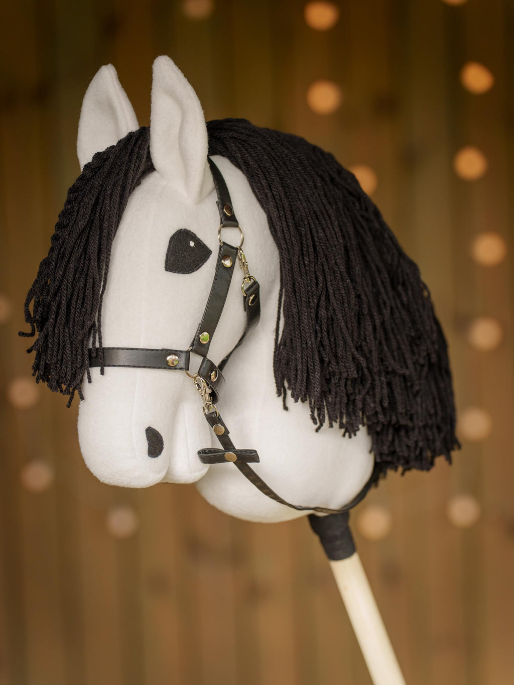 White Hobby Horse with Black Mane – Handmade A3 Stick Horse for Kids – Includes Faux Leather Halter